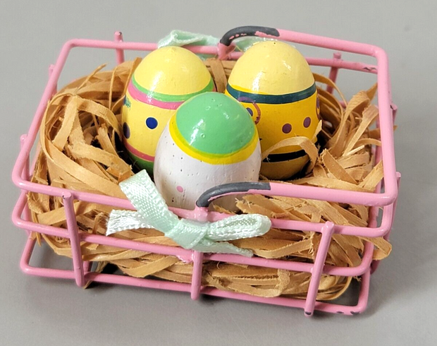 Vintage Cute Tiny Little Easter Basket with Handmade Hand painted Wooden Eggs