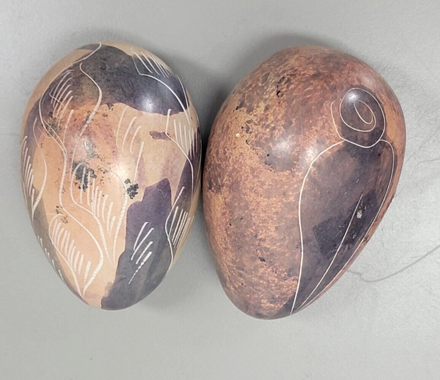 Vintage Hand Crafted Carved Stone Egg Lot of 2, 3"