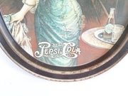 Vintage Victorian Drink Pepsi Cola Tip Lady Blue Tin Oval Serving Tray 11 x 14