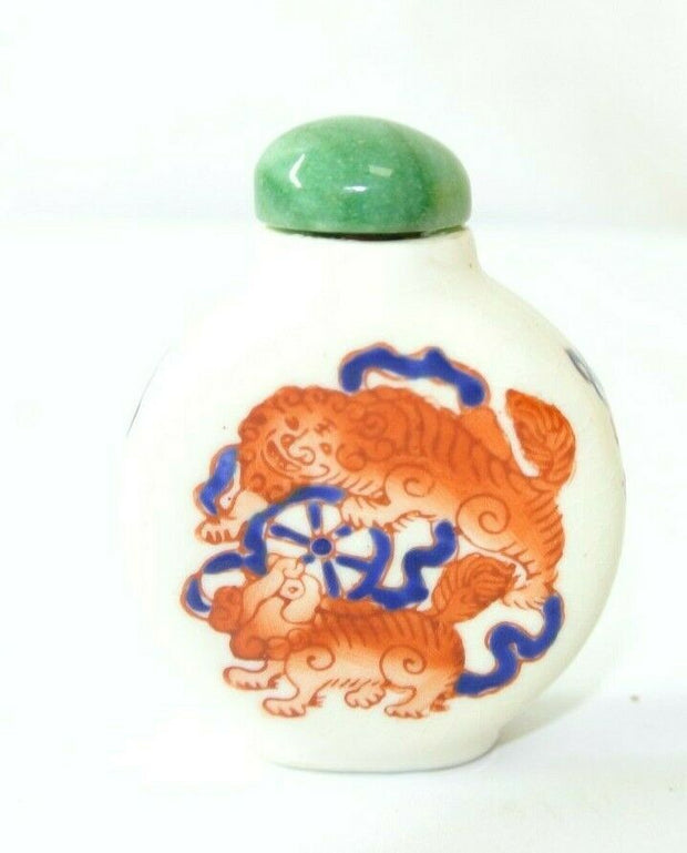 Antique Pre-1910 Asian Tigers Decorated Snuff Jar with lid, sniffer