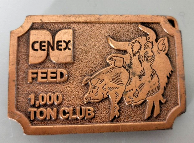 Cenex Feed 1,000 Ton Club Belt Buckle, Rare, Brass, 3x2"