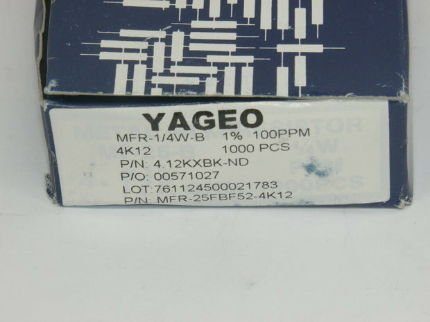 Box of 1000 Yageo 4.12 kOhms ±1% 0.25W, 1/4W Resistors MFR-25FBF52-4K12