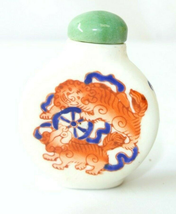 Antique Pre-1910 Asian Tigers Decorated Snuff Jar with lid, sniffer