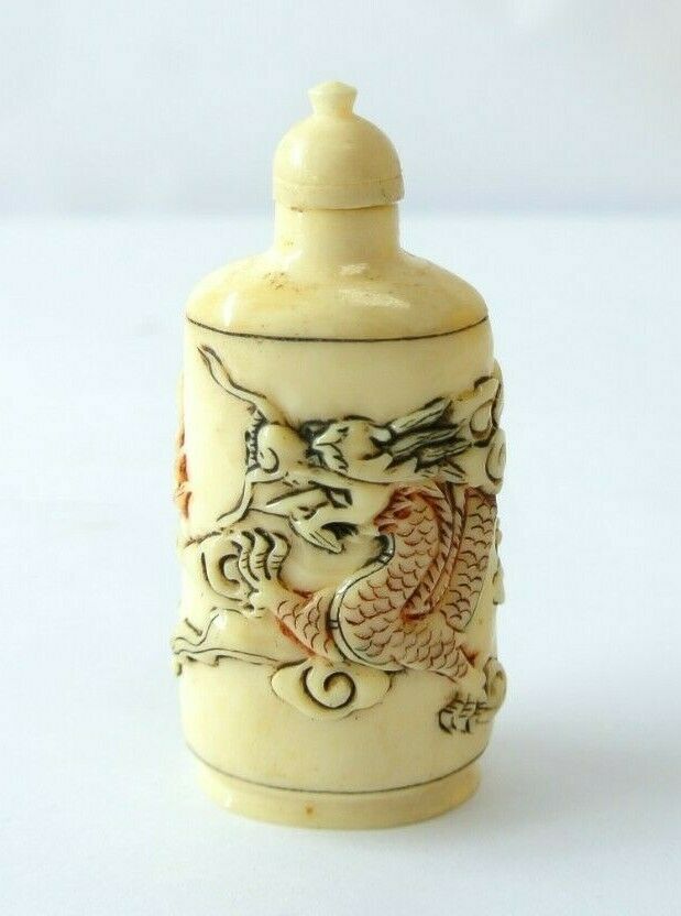 Antique Pre-1910 Asian Dragon Decorated Snuff Jar with lid, sniffer