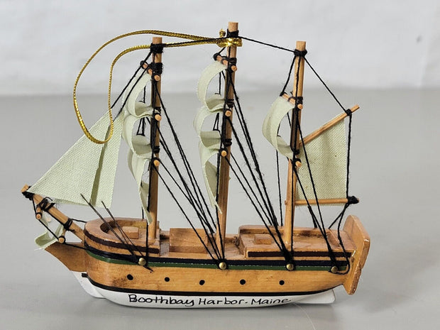 Boothbay Harbor Maine Ship Ornament, Wood, Carved, Hand Painted, Rare!