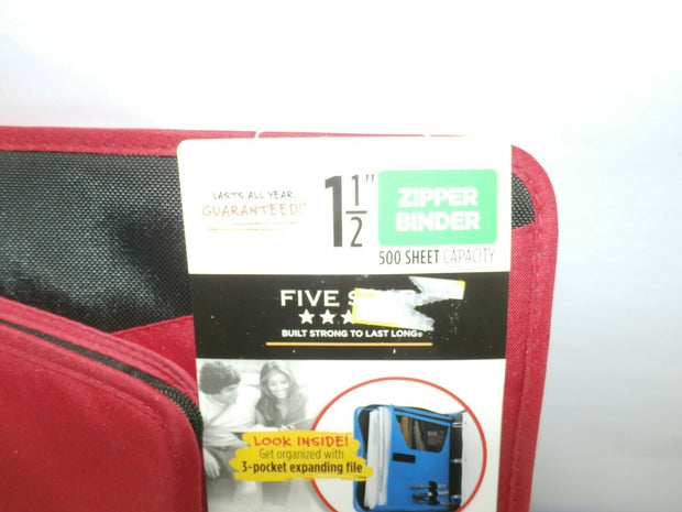 Five Star 1.5" 3-Ring Zipper Binder - Red - 3 Pocket Expanding File