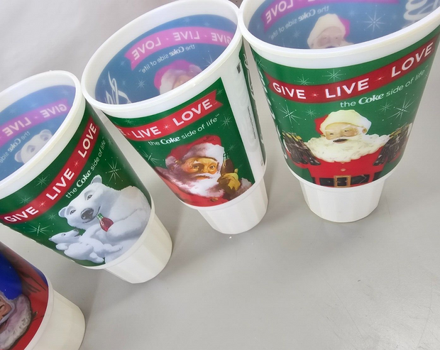 Vintage 90's Christmas Santa / Polar Bear Coca-Cola Plastic Cups, Lot 9