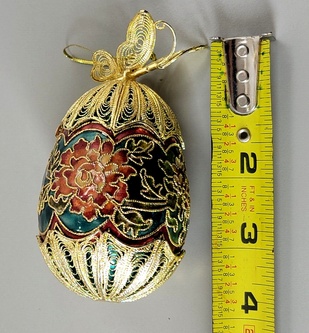 Vintage Victorian Era Fabrege Egg Ornament Beautiful Pattern w/ Butterfly Green