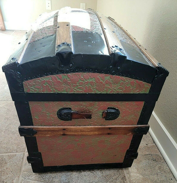 Vintage Geo Burroughs and Sons Trunk Wood, Leather, Ornate, Very Rare!