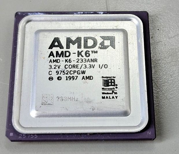 AMD-K6-233ANR 233MHZ CPU AMD-K6 3.2V CORE 3.3V I/O, Vintage, Rare 1997, GOLD