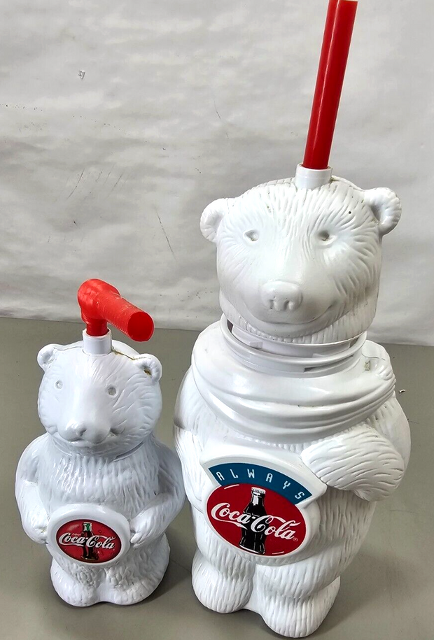 Pair Vintage Coca Cola Polar Bears Drinking Containers With Straws Big & Small