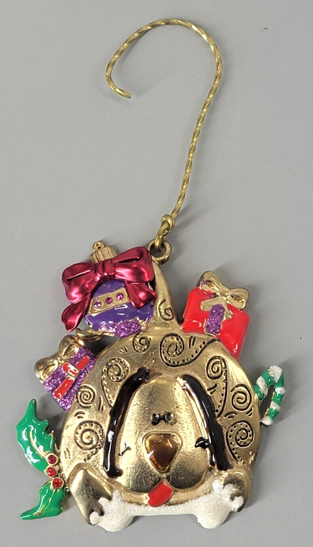 Vintage Chico's Holiday Christmas Ornament Dog with Presents Goldtone Very Rare!