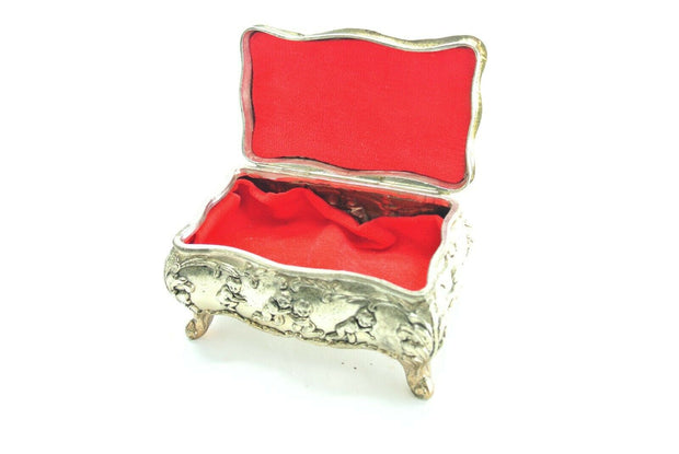 Vintage Miniature Pewter Jewelry Trinket Stash Box w/ Red Velvet Lining