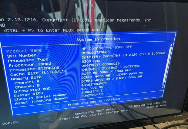 HP Pro 6300 SFF Desktop Computer, i3-2120, 8GB, No HDD / OS.  Cleaned & Tested