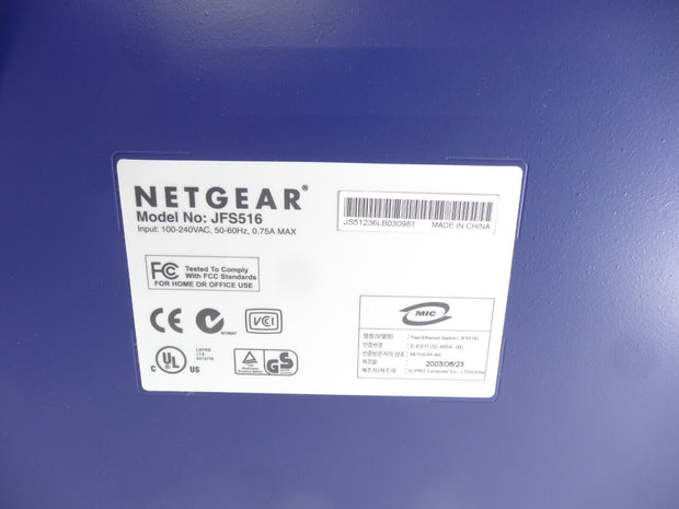 Netgear JFS516 Ethernet Switch w/ rack ears, power cord