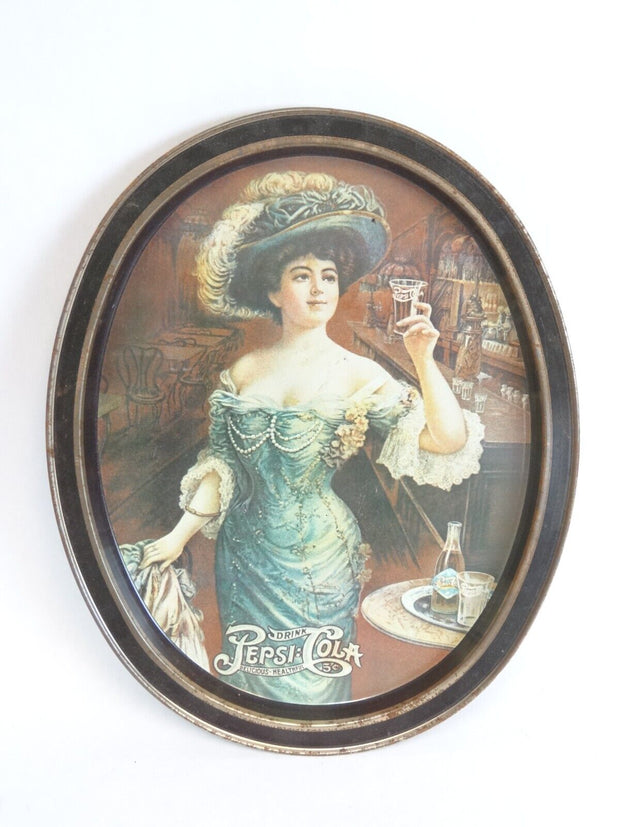 Vintage Victorian Drink Pepsi Cola Tip Lady Blue Tin Oval Serving Tray 11 x 14