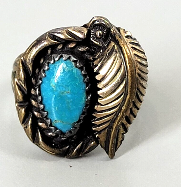 Vintage Old Navajo Sterling Silver, Turquoise,  Ring w/ Feather Size 12