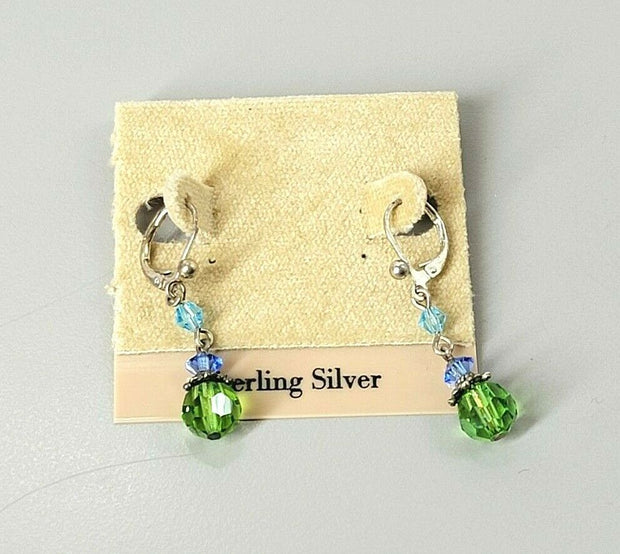 Pair dangling Earrings, Sterling Silver, Green, Turqoise, Blue